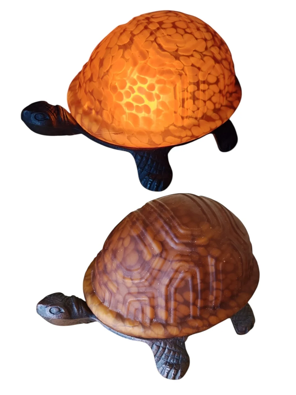 Vintage Amber Glass Turtle Lamp Cast Iron Base Tiffany Style Accent Nightlight